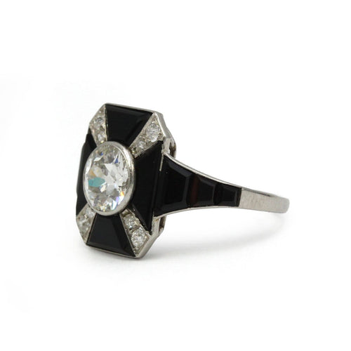 Bague 59 Art déco - Bague géométrique en platine, onyx et diamants 58 Facettes 1401