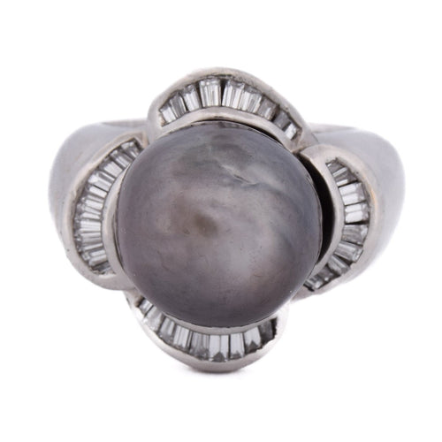 Bague 49 Bague vintage en or blanc 18 ct avec perle et diamants 58 Facettes AN431 (00529)