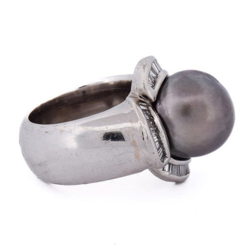Bague 49 Bague vintage en or blanc 18 ct avec perle et diamants 58 Facettes AN431 (00529)