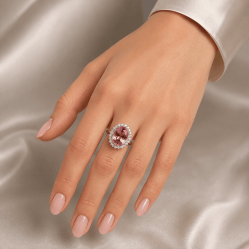 Bague 56 Bague en or blanc 18 ct avec morganite ovale et diamants 58 Facettes AN629 (00029)