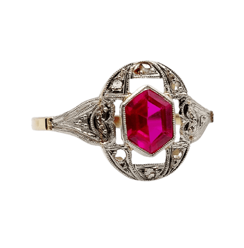Bague 53.5 Bague Art déco en or 18k avec rubis synthétique et diamants taille rose 58 Facettes A07129