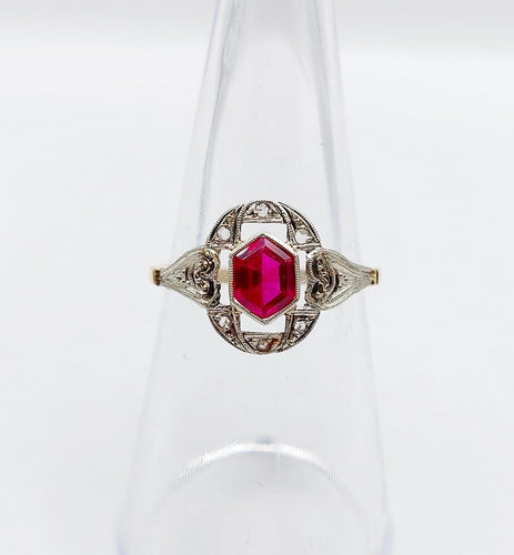 Bague 53.5 Bague Art déco en or 18k avec rubis synthétique et diamants taille rose 58 Facettes A07129