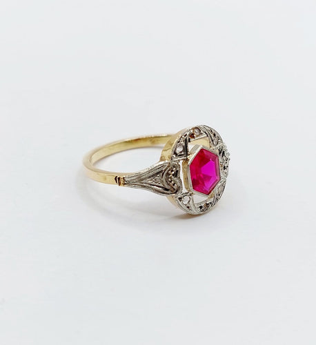 Bague 53.5 Bague Art déco en or 18k avec rubis synthétique et diamants taille rose 58 Facettes A07129