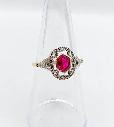 Bague 53.5 Bague Art déco en or 18k avec rubis synthétique et diamants taille rose 58 Facettes A07129