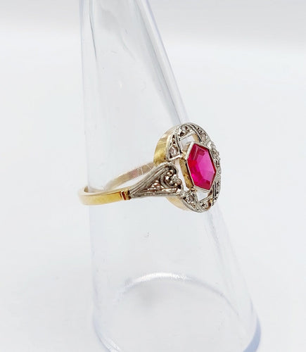 Bague 53.5 Bague Art déco en or 18k avec rubis synthétique et diamants taille rose 58 Facettes A07129
