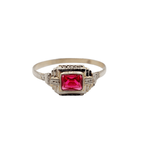 Bague 56.5 Bague Art déco en or blanc 18k avec pierre rouge 58 Facettes A07130