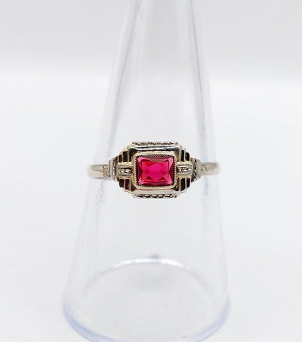 Bague 56.5 Bague Art déco en or blanc 18k avec pierre rouge 58 Facettes A07130