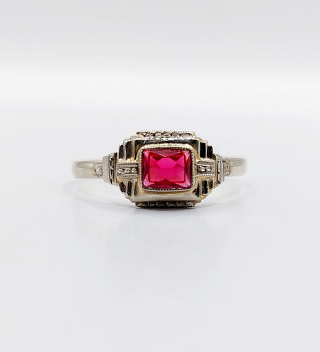 Bague 56.5 Bague Art déco en or blanc 18k avec pierre rouge 58 Facettes A07130