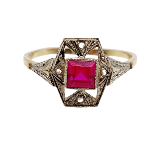 Bague 53.5 Bague Art déco en or 18k avec rubis synthétique et diamants 58 Facettes A07131