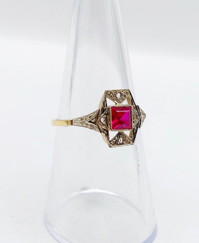 Bague 53.5 Bague Art déco en or 18k avec rubis synthétique et diamants 58 Facettes A07131