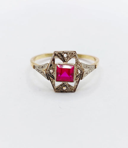 Bague 53.5 Bague Art déco en or 18k avec rubis synthétique et diamants 58 Facettes A07131