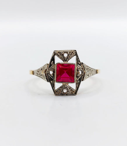 Bague 53.5 Bague Art déco en or 18k avec rubis synthétique et diamants 58 Facettes A07131