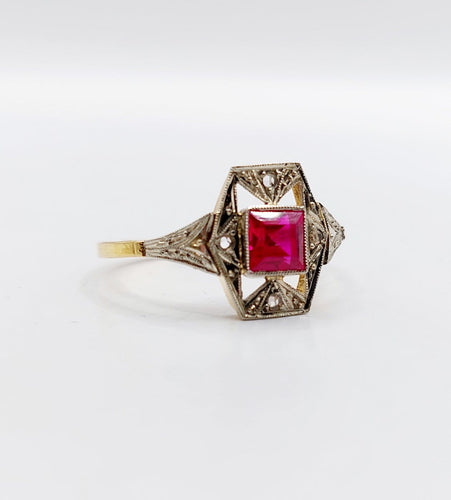 Bague 53.5 Bague Art déco en or 18k avec rubis synthétique et diamants 58 Facettes A07131