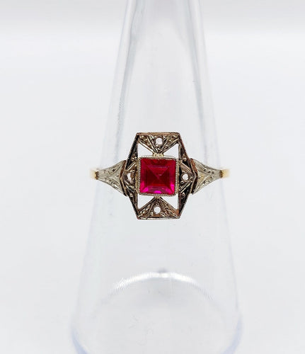 Bague 53.5 Bague Art déco en or 18k avec rubis synthétique et diamants 58 Facettes A07131