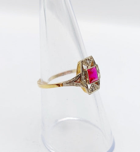 Bague 53.5 Bague Art déco en or 18k avec rubis synthétique et diamants 58 Facettes A07131