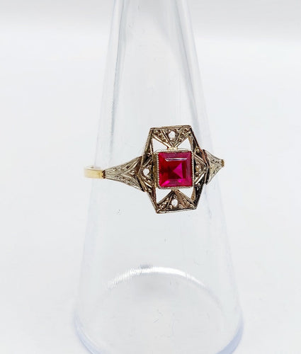 Bague 53.5 Bague Art déco en or 18k avec rubis synthétique et diamants 58 Facettes A07131