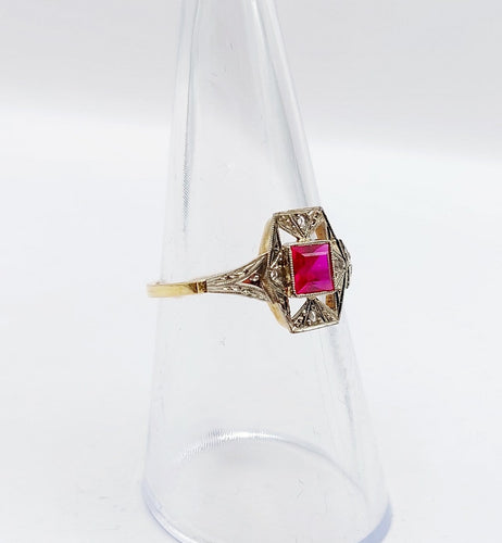 Bague 53.5 Bague Art déco en or 18k avec rubis synthétique et diamants 58 Facettes A07131