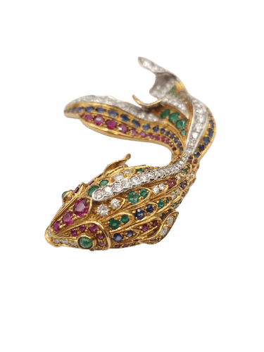 Broche Broche poisson vintage années 1970 en or jaune 18 ct et pierres 58 Facettes CV-050