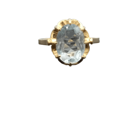 Bague 51 Bague rétro en or jaune 18K sertie d’une aigue-marine ovale 58 Facettes Bordeau/300