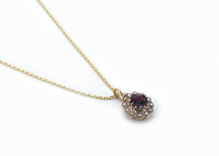 Pendentif Pendentif ancien rosace en or rose 18 carats, grenat et perles 58 Facettes Pendentif 149 11