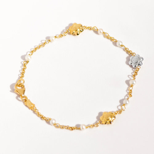 Bracelet Bracelet vintage à perles et fleurs Smiley en or jaune et blanc 750 58 Facettes