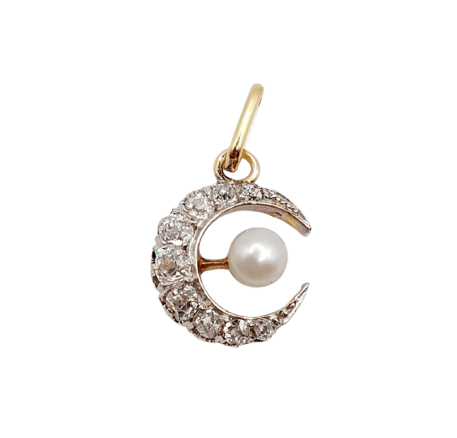 Pendentif Pendentif croissant de lune ancien en or 18k, platine, diamants et perle 58 Facettes A07054