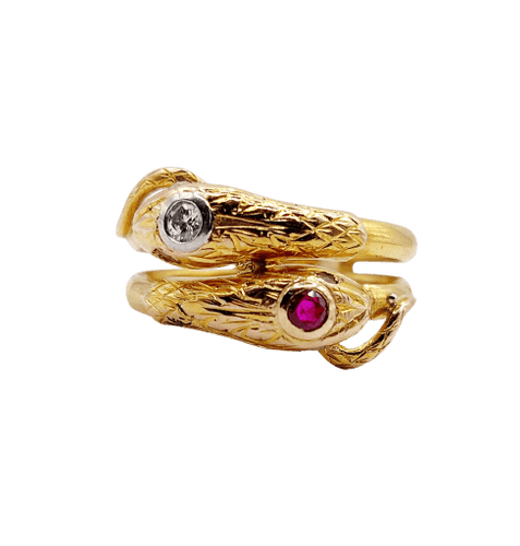 Bague 61 Bague serpent antique à deux têtes en or 18k, diamants et rubis 58 Facettes A06971