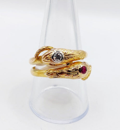 Bague 61 Bague serpent antique à deux têtes en or 18k, diamants et rubis 58 Facettes A06971
