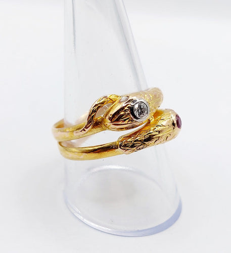 Bague 61 Bague serpent antique à deux têtes en or 18k, diamants et rubis 58 Facettes A06971