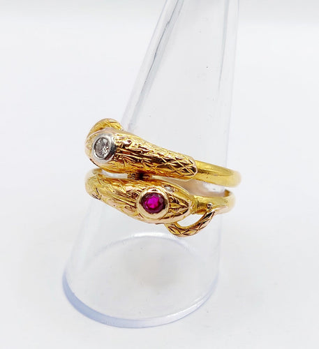 Bague 61 Bague serpent antique à deux têtes en or 18k, diamants et rubis 58 Facettes A06971