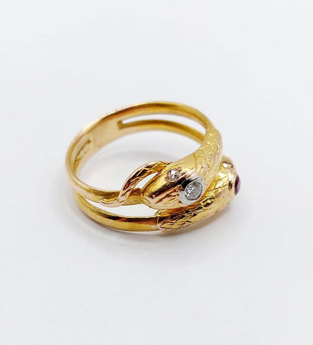 Bague 61 Bague serpent antique à deux têtes en or 18k, diamants et rubis 58 Facettes A06971