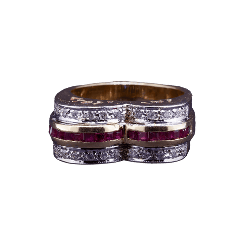 Bague Tank - Bague en or jaune 12K aux diamants et rubis 58 Facettes RING - 004