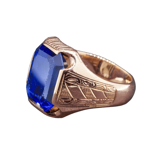 Bague Chevalière - Bague en or jaune 14K avec verre cobalt 58 Facettes RING - 005