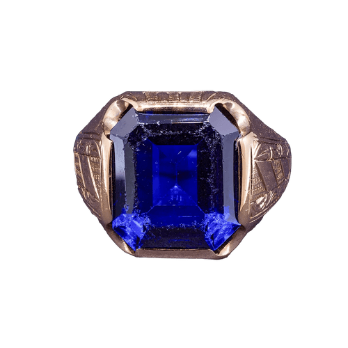 Bague Chevalière - Bague en or jaune 14K avec verre cobalt 58 Facettes RING - 005
