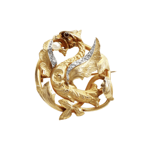 Broche Chimère en or jaune, perle et diamants