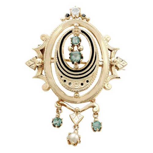 Broche Broche ancienne XIXe - Broche en or rose, émeraudes, perle et diamant 58 Facettes OC-65000094