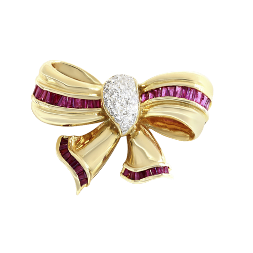 Broche nœud en or jaune, rubis et diamants