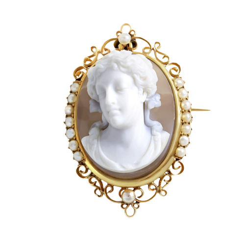 Broche camée sur agate en or jaune et perles fines