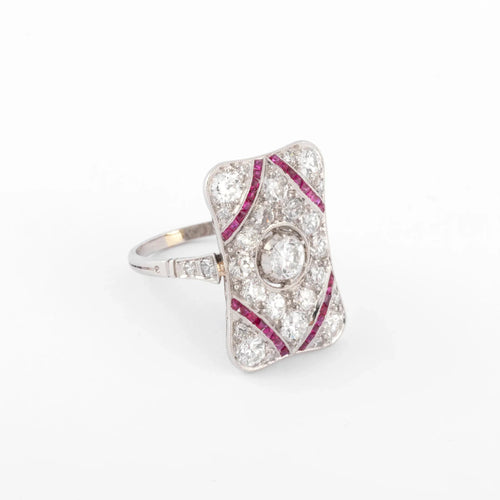 Bague Bague rectangulaire en platine, diamants et rubis 58 Facettes 1