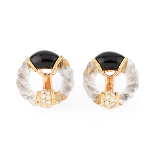 Boucles d'oreilles Boucheron - Boucles d'oreilles en or jaune, onyx, cristal et diamants 58 Facettes 1