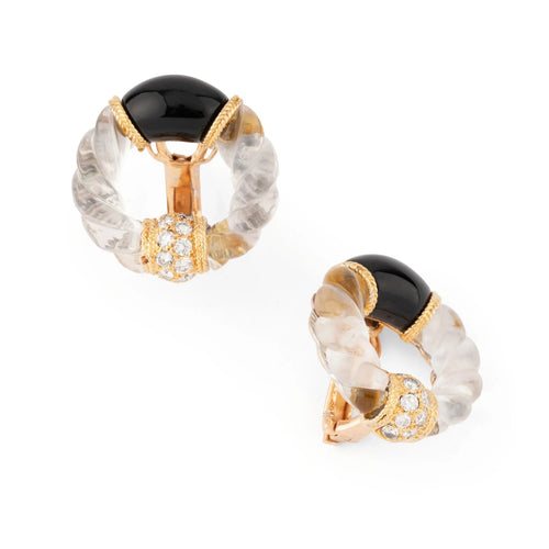 Boucles d'oreilles Boucheron - Boucles d'oreilles en or jaune, onyx, cristal et diamants 58 Facettes 1