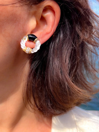 Boucles d'oreilles Boucheron - Boucles d'oreilles en or jaune, onyx, cristal et diamants 58 Facettes 1