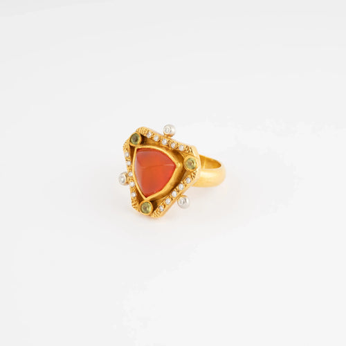 Bague 54 Bague étrusque en or jaune 18k avec opale de feu, diamants et péridot 58 Facettes 1