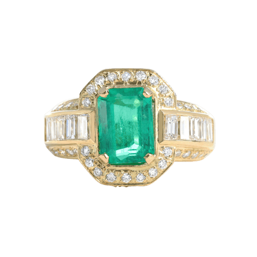 Bague 52 Bague en or jaune, émeraude de Colombie et diamants 58 Facettes 61300085
