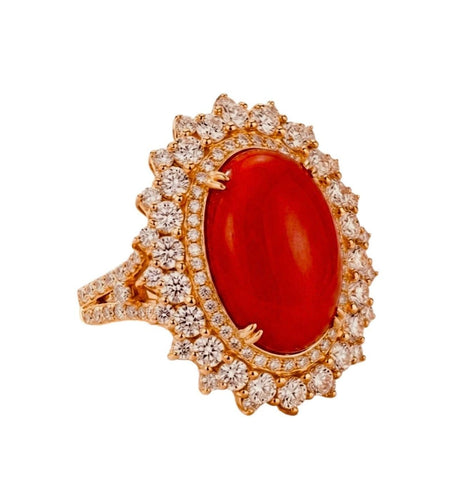 Bague 53 Anello en or jaune 18 kt avec diamants et corail 58 Facettes AN/002