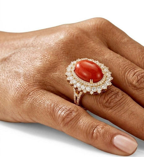 Bague 53 Anello en or jaune 18 kt avec diamants et corail 58 Facettes AN/002