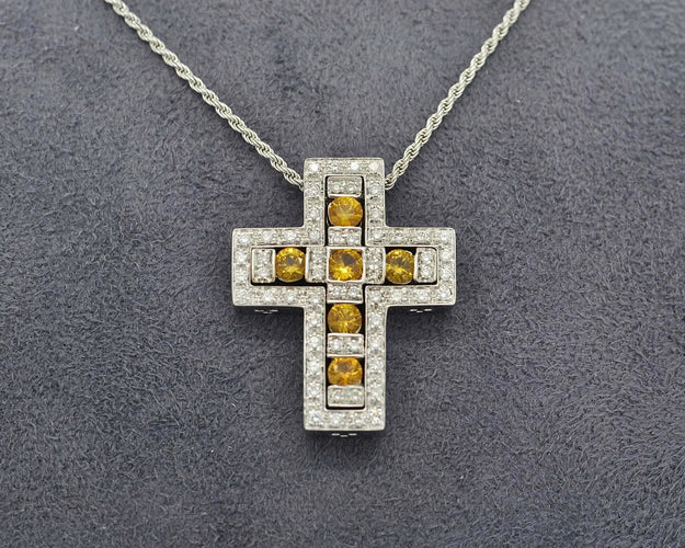 Collier Damiani Belle Époque - Collier croix en or blanc, diamants et saphirs jaunes 58 Facettes 9800