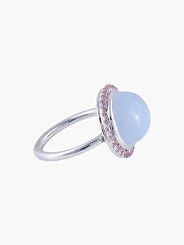 Bague 52 Bague en or blanc 18K calcédoine et saphirs roses 58 Facettes