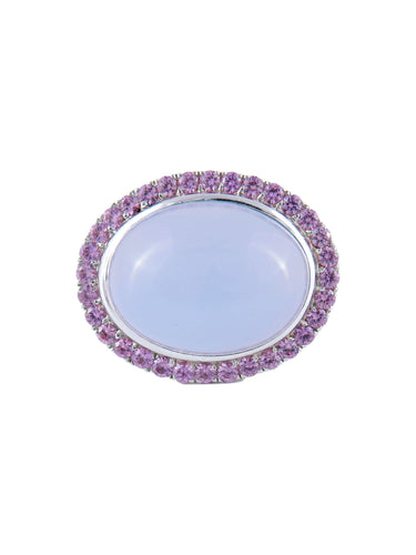 Bague 52 Bague en or blanc 18K calcédoine et saphirs roses 58 Facettes