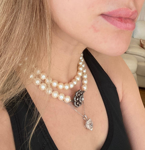 Collier Collier ras-du-cou antique en or jaune 14 k, diamants taille rose et perles 58 Facettes collier